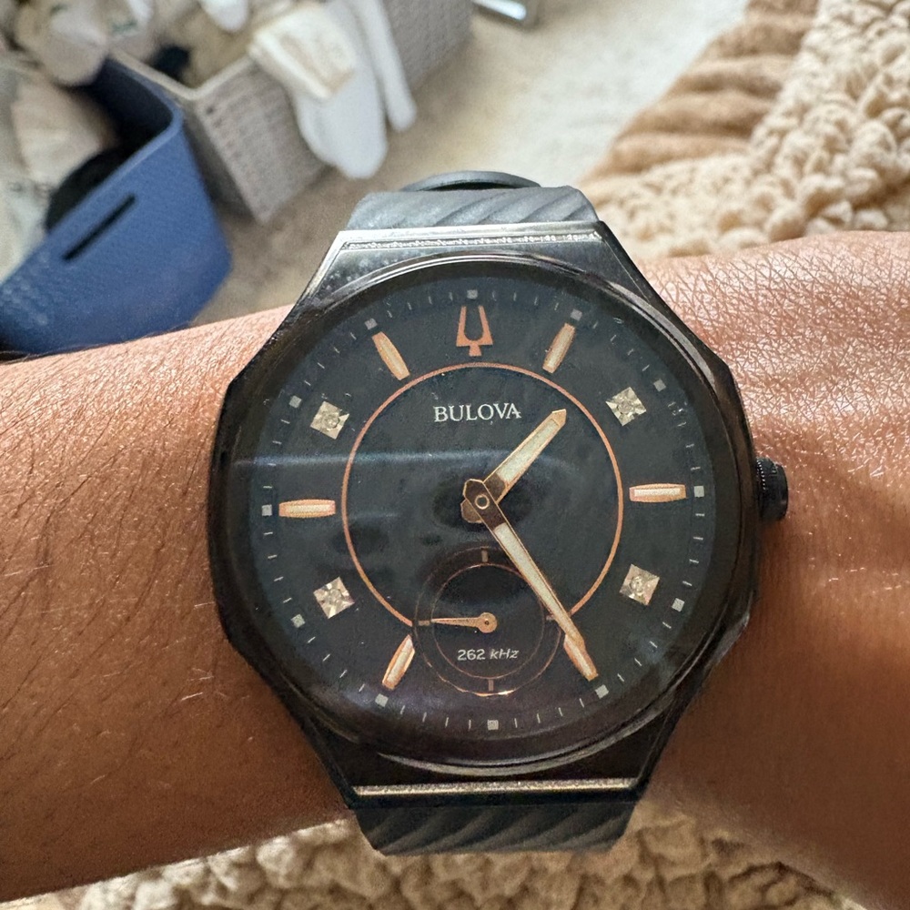 Bulova Black watch with Octagonal Case and Gold Accents